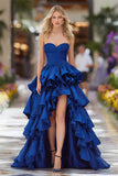 Dark Blue Sweetheart Ruffled A-Line High-Low Prom Dress