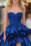 Dark Blue Sweetheart Ruffled A-Line High-Low Prom Dress