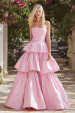 Strapless Pink A-Line Prom Dress With Ruffles