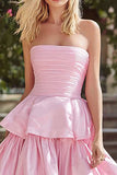 Strapless Pink A-Line Prom Dress With Ruffles