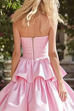 Strapless Pink A-Line Prom Dress With Ruffles