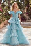 Off The Shoulder Sky Blue A-Line Ruffled Prom Dress