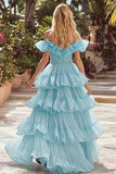 Off The Shoulder Sky Blue A-Line Ruffled Prom Dress