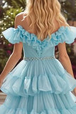Off The Shoulder Sky Blue A-Line Ruffled Prom Dress