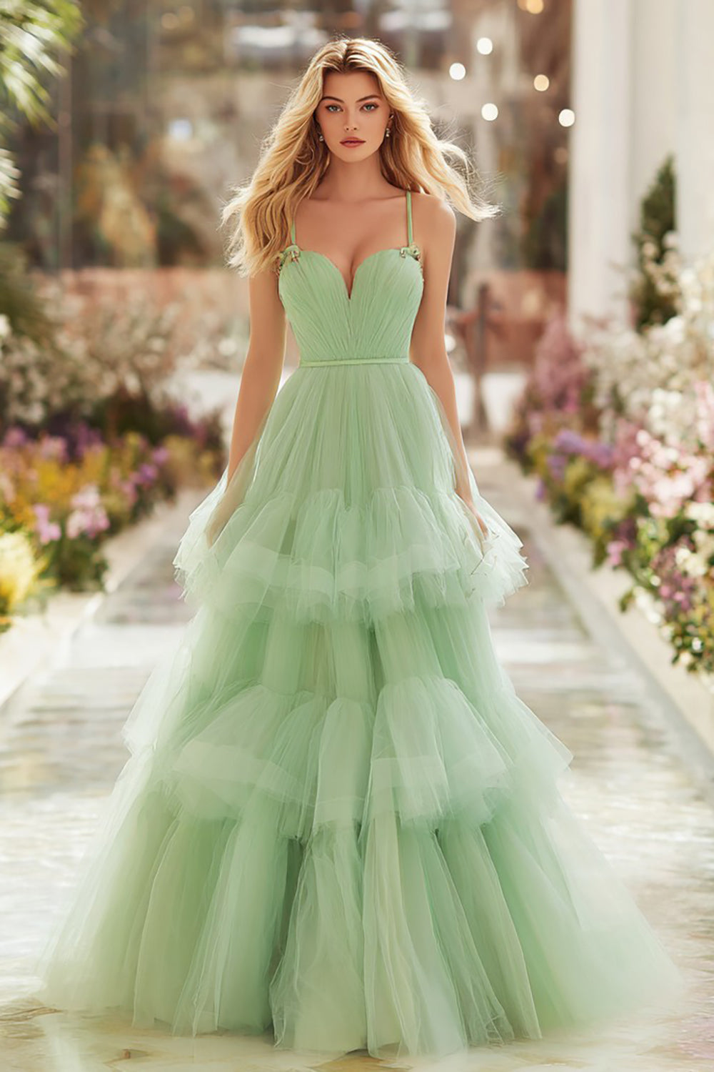 Berylove Women Light Green Prom Dress A-Line Spaghetti Straps Pleated Tulle Maxi Party Dress With Ruffles, Light Green / custom Berylove Women Light Green Prom Dress A-Line Spaghetti Straps Pleated Tulle Maxi Party Dress With Ruffles, Light Green / custom