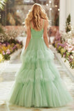 Light Green A-Line Pleated Maxi Prom Dress With Ruffles