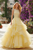 Light Yellow A-Line Ruffled Maxi Prom Dress With Beading