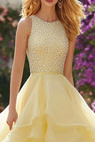 Light Yellow A-Line Ruffled Maxi Prom Dress With Beading