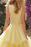 Light Yellow A-Line Ruffled Maxi Prom Dress With Beading