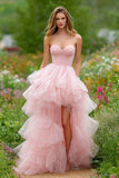 Light Pink Sweetheart A-Line Corset High-Low Prom Dress With Ruffles