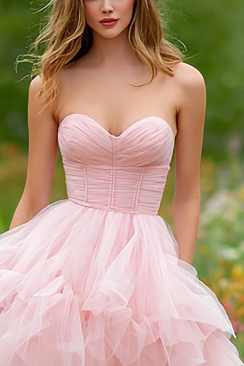 light pink high low prom dress Ellie Wilde 37093 Lace Applique Long Formal Floral Corset Prom Dress