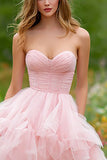 Light Pink Sweetheart A-Line Corset High-Low Prom Dress With Ruffles