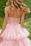 Light Pink Sweetheart A-Line Corset High-Low Prom Dress With Ruffles