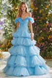 Off The Shoulder Sky Blue A-Line Tiered Prom Dress