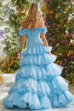Off The Shoulder Sky Blue A-Line Tiered Prom Dress