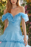 Off The Shoulder Sky Blue A-Line Tiered Prom Dress