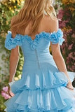 Off The Shoulder Sky Blue A-Line Tiered Prom Dress