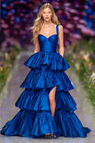 Dark Blue A-Line Tiered Ruffled Prom Dress With Slit