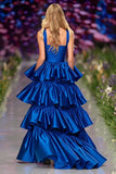 Dark Blue A-Line Tiered Ruffled Prom Dress With Slit
