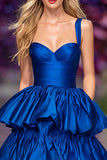 Dark Blue A-Line Tiered Ruffled Prom Dress With Slit