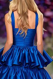 Dark Blue A-Line Tiered Ruffled Prom Dress With Slit