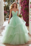 Princess Light Green Spaghetti Straps Maxi Prom Dress With Ruffles