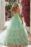 Princess Light Green Spaghetti Straps Maxi Prom Dress With Ruffles