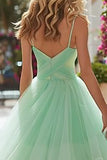 Princess Light Green Spaghetti Straps Maxi Prom Dress With Ruffles