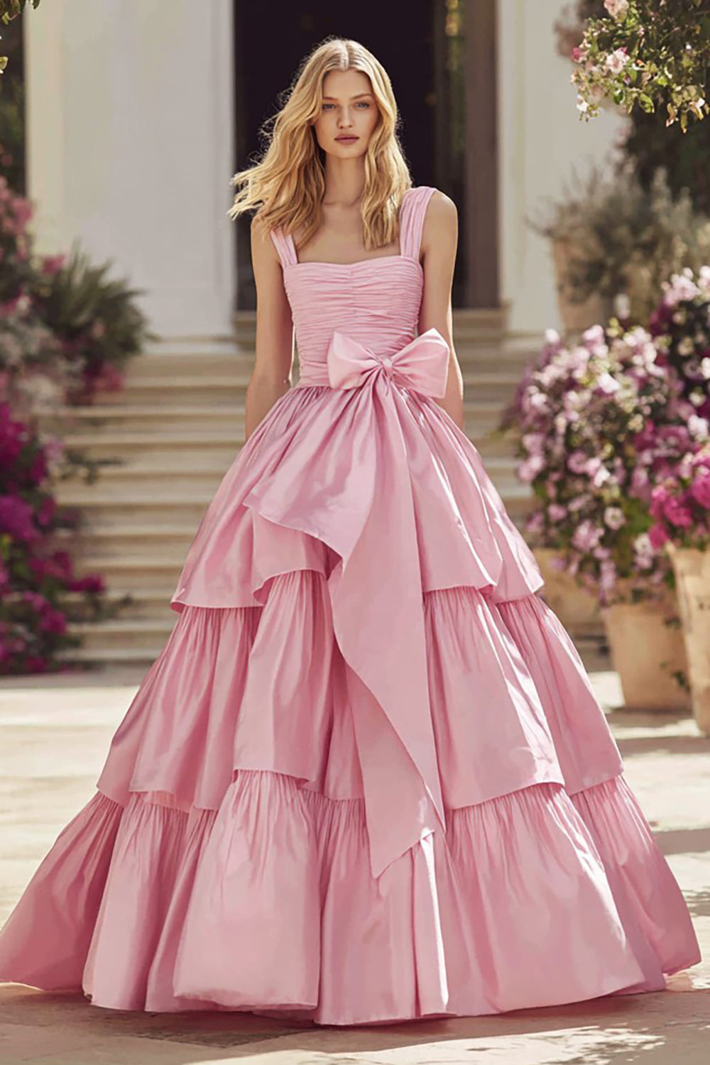 Berylove Women Pink Tiered Prom Dress with Bow Ruched A-Line Square Neck Ruffled Satin Maxi Princess Party Dress, Pink / Custom Berylove Women Pink Tiered Prom Dress with Bow Ruched A-Line Square Neck Ruffled Satin Maxi Princess Party Dress, Pink / Custom