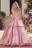Pink A-Line Satin Long Prom Dress With Bow