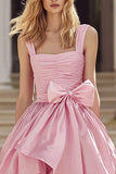 Pink A-Line Satin Long Prom Dress With Bow