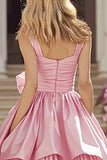 Pink A-Line Satin Long Prom Dress With Bow