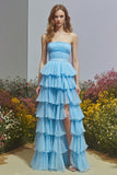 Strapless Tiered Sky Blue A-Line Prom Dress With Slit