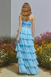 Strapless Tiered Sky Blue A-Line Prom Dress With Slit