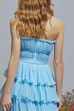 Strapless Tiered Sky Blue A-Line Prom Dress With Slit