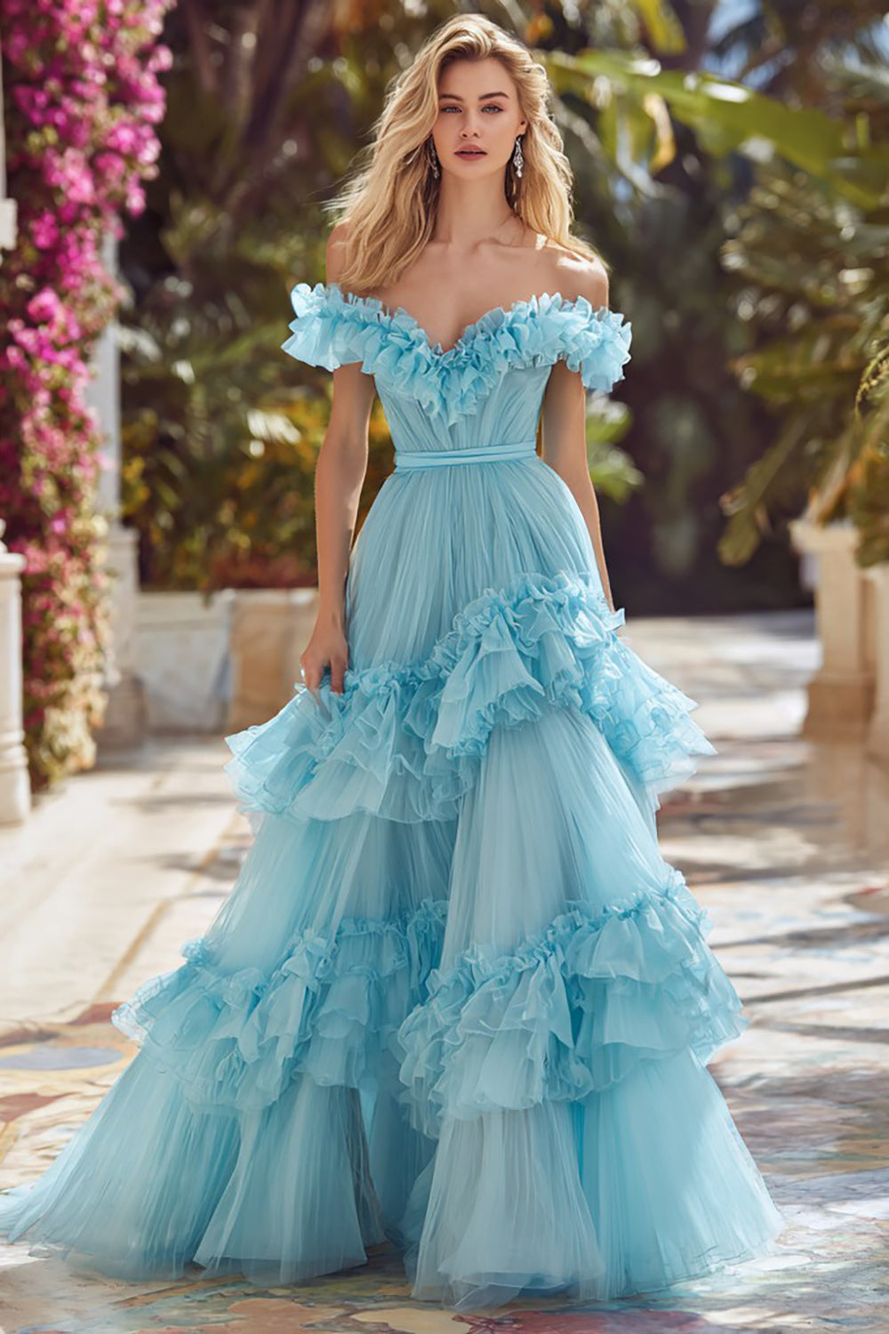 Berylove Women Sky Blue Off The Shoulder Prom Dress A-Line Tulle Ruffled Maxi Pageant Dress Berylove Women Sky Blue Off The Shoulder Prom Dress A-Line Tulle Ruffled Maxi Pageant Dress
