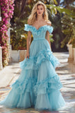 Sky Blue Off The Shoulder Ruffle A-Line Maxi Prom Dress