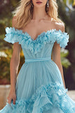Sky Blue Off The Shoulder Ruffle A-Line Maxi Prom Dress