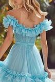 Sky Blue Off The Shoulder Ruffle A-Line Maxi Prom Dress