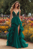 Dark Green A-Line Ruffled Spaghetti Straps Prom Dress With Slit