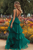 Dark Green A-Line Ruffled Spaghetti Straps Prom Dress With Slit