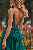 Dark Green A-Line Ruffled Spaghetti Straps Prom Dress With Slit