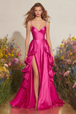 Fuchsia Satin A-Line Spaghetti Straps Ruffle Prom Dress With Slit