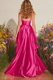 Fuchsia Satin A-Line Spaghetti Straps Ruffle Prom Dress With Slit