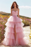 Pink Sweetheart Tiered Princess Prom Dress With Slit