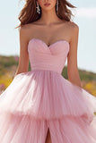 Pink Sweetheart Tiered Princess Prom Dress With Slit