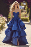 Dark Blue Strapless Ruffled A-Line Maxi Prom Dress