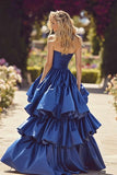 Dark Blue Strapless Ruffled A-Line Maxi Prom Dress