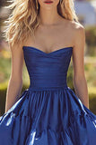 Dark Blue Strapless Ruffled A-Line Maxi Prom Dress