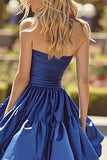 Dark Blue Strapless Ruffled A-Line Maxi Prom Dress